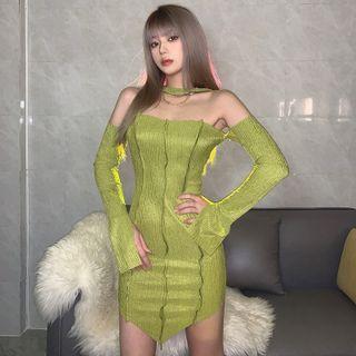 Long-sleeve Off-shoulder Irregular Mini Bodycon Dress