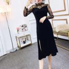 Lace Panel Long-sleeve Slit A-line Velvet Dress