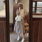 Set: Plaid Long-sleeve Midi Collared Dress + Single-breasted Vest