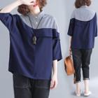 Striped Panel 3/4-sleeve Blouse Blue - One Size