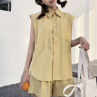 Set: Plain Sleeveless Shirt + Wide Leg Shorts