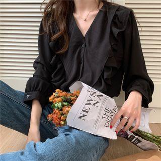 Long-sleeve V-neck Ruffle Plain Blouse
