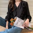 Long-sleeve V-neck Ruffle Plain Blouse