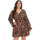 Plus Size Long-sleeve Leopard Print Mini A-line Dress