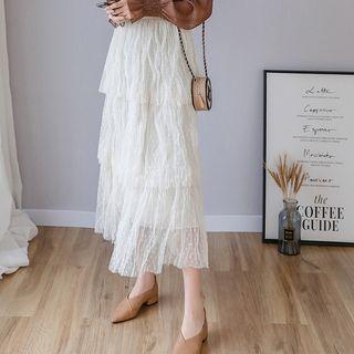Lace Tiered A-line Midi Skirt
