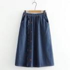 Bear Embroidered Denim Midi A-line Skirt