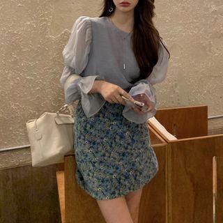 Bell-sleeve Mesh Panel Blouse / Floral Print Mini A-line Skirt