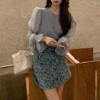 Bell-sleeve Mesh Panel Blouse / Floral Print Mini A-line Skirt