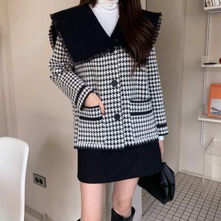 Frilled Sailor-collar Houndstooth Jacket Black - One Size