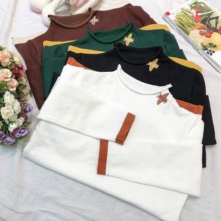Embroidered Mock Neck Long-sleeve Knit Top