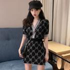 Set: Short Sleeve V-neck Pattern Cardigan + Mini Skirt Set Of 2: Black - One Size