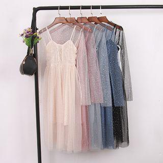 Set: Long-sleeve Mesh Top + Spaghetti Strap Sequined Midi Mesh Dress