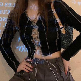 Long-sleeve Contrast Stitching Lace-up Crop Top
