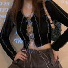 Long-sleeve Contrast Stitching Lace-up Crop Top