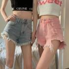 High-waist Distressed Fringe Denim Shorts