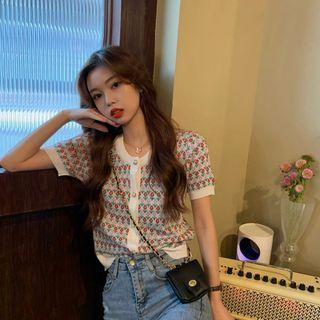 Short-sleeve Floral Jacquard Button-up Knit Top Red & Orange Flower - White - One Size