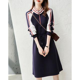 Stand Collar Color Block Midi A-line Dress
