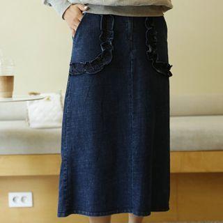 Frill-trim Long Denim Skirt