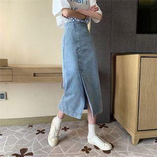 High-waist Slit Denim Midi A-line Skirt