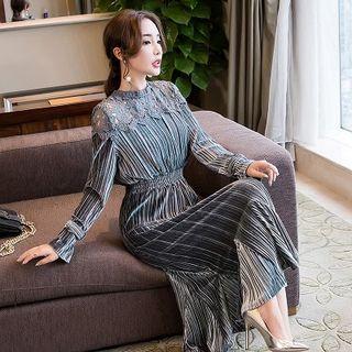 Lace Panel Long Sleeve Velvet Dress