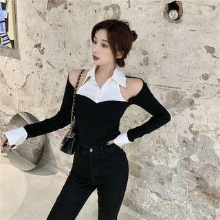 Long-sleeve Panel Off-shoulder Top Black - One Size