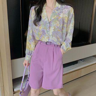 Floral Print Shirt / Elbow-sleeve Shirt / High-waist Shorts