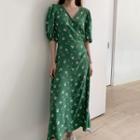 Floral Short-sleeve Midi A-line Dress Green - One Size