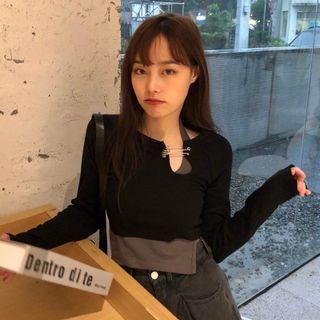 Long-sleeve Asymmetric Plain Cropped Top / Plain Asymmetric Tank Top