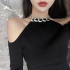 Long-sleeve Rhinestone Accent Cold Shoulder Knit Top Black - One Size