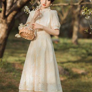 Short-sleeve Stand Collar Frog-button Lace Maxi Dress