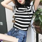 Short-sleeve Zipped Striped Knit Top