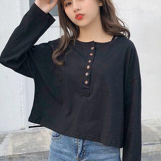Plain Single-breasted Crewneck Long-sleeve Top