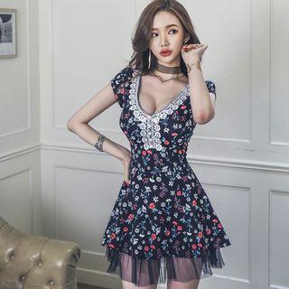 Cap-sleeve Floral Mesh Trim A-line Mini Dress