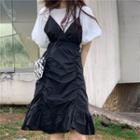 Balloon-sleeve T-shirt / Shirred A-line Pinafore Dress