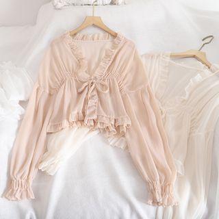 Tie-front Frilled Trim Long-sleeve Chiffon Top