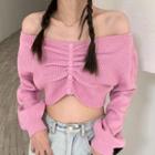 Long-sleeve Off-shoulder Knit Crop Top Pink - One Size