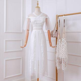 Elbow-sleeve Midi Lace Party Dress