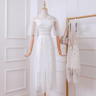 Elbow-sleeve Midi Lace Party Dress
