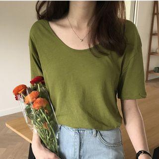 Short-sleeve Plain T-shirt Green - One Size