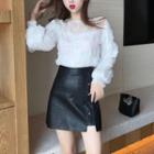 Lace Blouse / Faux Leather A-line Skirt