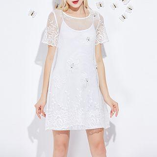 Short-sleeve Embroidered Dress With Slipdress