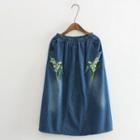 Flower Embroidered Midi Denim Skirt