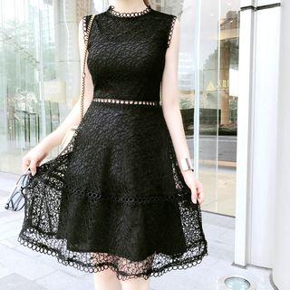 Sleeveless Tie-waist A-line Sheath Plain Lace Dress