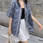 Elbow-sleeve All-over Print Shirt Dark Blue - One Size