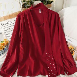 Pearl-accent Ribbon-neckline Loose Shirt