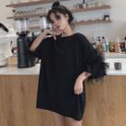 Elbow-sleeve Mesh Ruffle Trim T-shirt