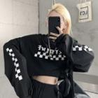 Long Sleeve Checkered Print Cropped Top Black - One Size