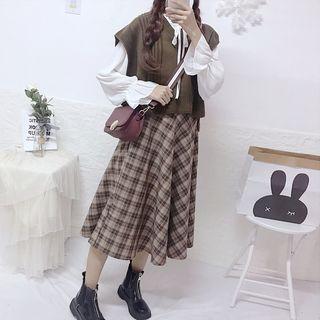 Plain Tie-neck Blouse / Knit Vest / Plaid Midi A-line Skirt