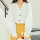 Lantern-sleeve Buttoned V-neck Top