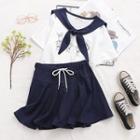 Set: Sailor Collar Rabbit Print T-shirt + A-line Mini Skirt Set - One Size